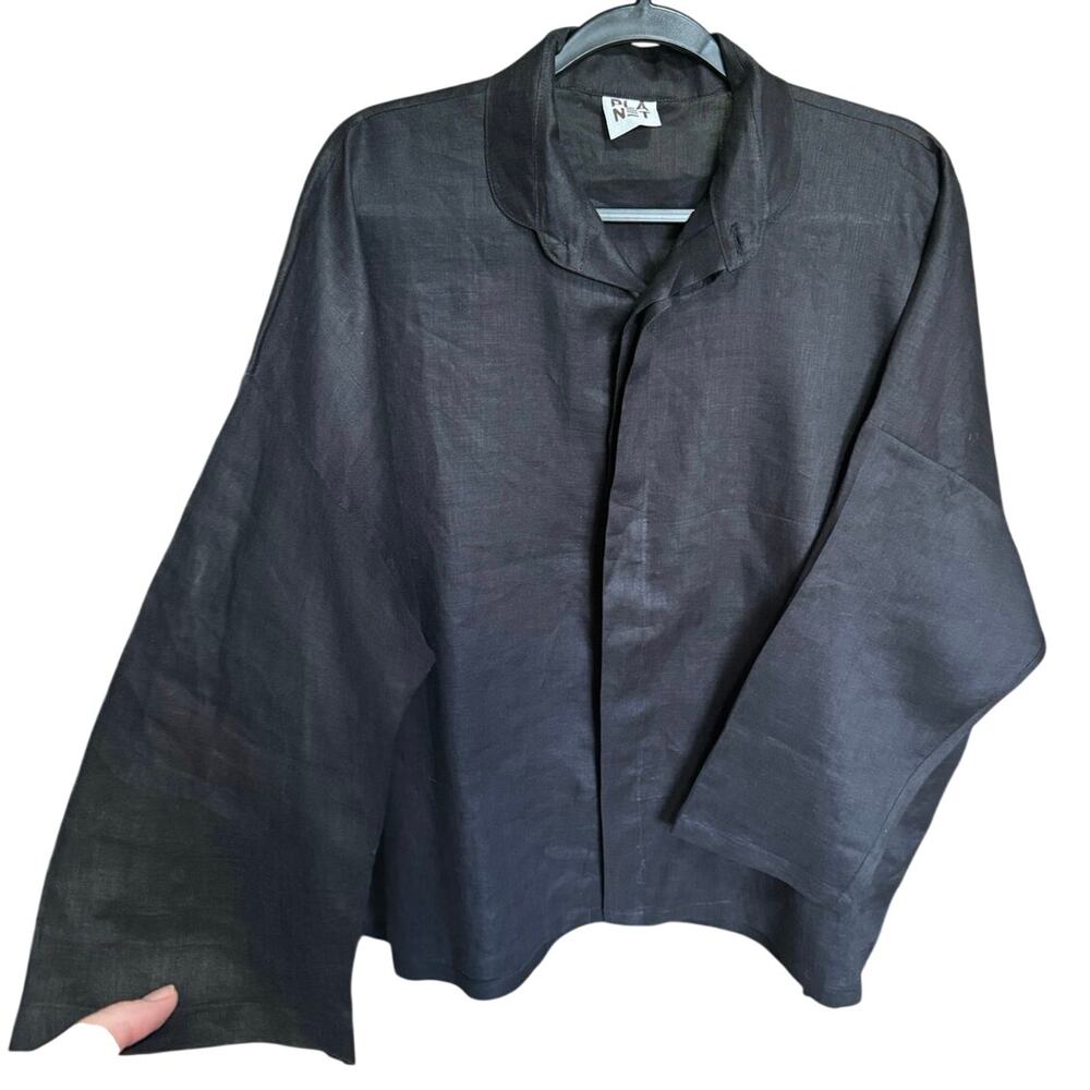 Planet By Lauren G Handkerchief Linen Shirt Button Down Blouse Black One Size - Picture 3 of 13